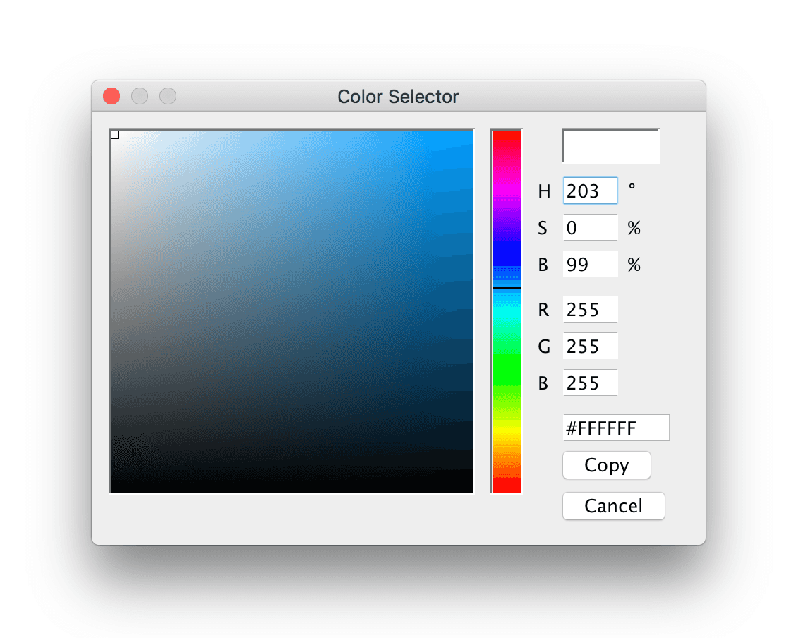 the color selector interfasce with a square for changing the saturation and brightness and a slider for hue. on the right side are number boxes for the hsb, rgb, or hex color values also copy and cancel buttons
