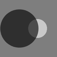 grey square with a large dark circle on the left and a small light circle on the right